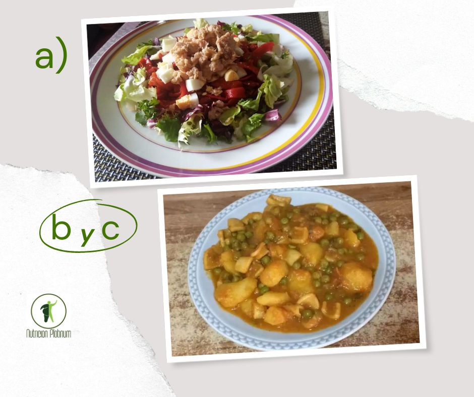 Ensalada de pimientos asados atún y huevo conguiso de pota con patatas y guisantes